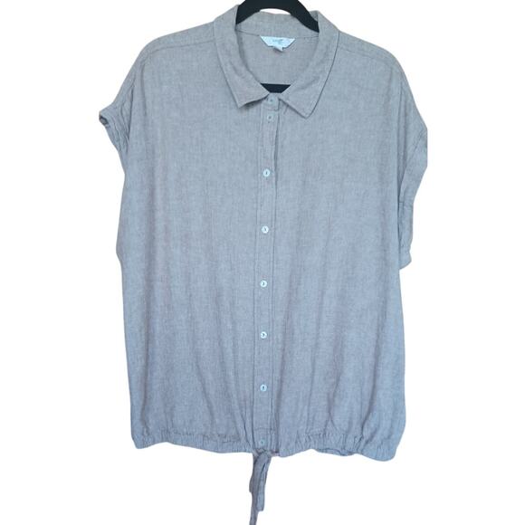 Linen Blend Beige Button Up Tie Front Top Short Sleeves Elastic Drop Waist 2X - Picture 1 of 8